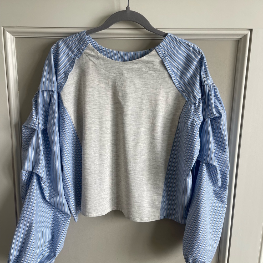 Anthropologie Blue and White Striped Mixed Media Top